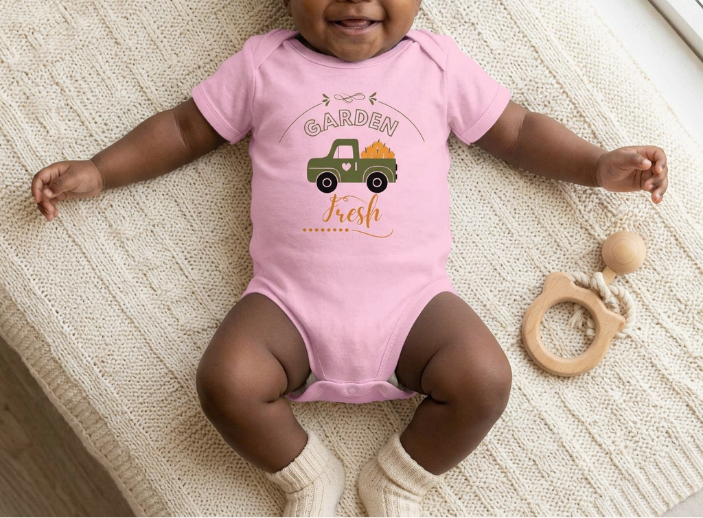 Baby wearing a pink Garden Fresh onesie on a cream blanket with a wooden rattle, arms clear of the design.