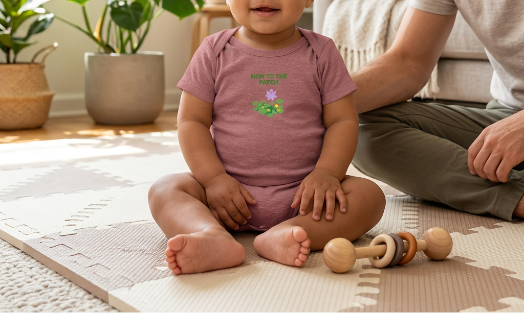 Baby wearing heather mauve New to the Patch flower onesie indoors.