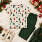 Soft jersey Christmas tree kids pajama top styled with green pajama pants, slippers, robe, ornaments, and gifts