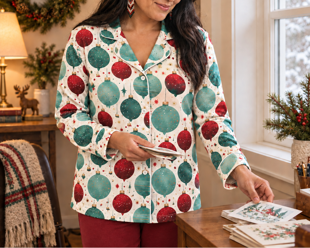 Holiday pajama top with cranberry red pants arranging cards