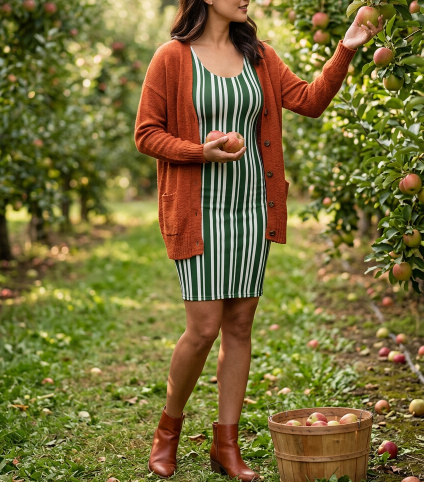 Gathering apples in Green Striped dress and rust cardigan