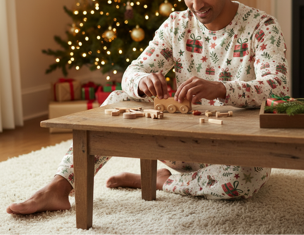 South Asian man wearing Christmas Present pajamas while assembling a wooden toy