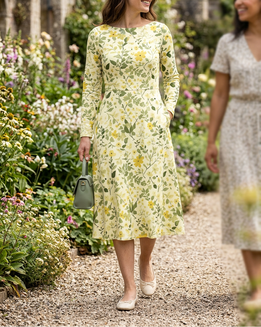 Yellow floral midi dress styled with cream flats on a garden walk