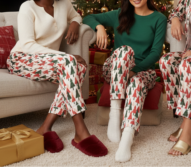 Diverse group of women wearing Christmas tree pajama pants in a cozy indoor Christmas lounge