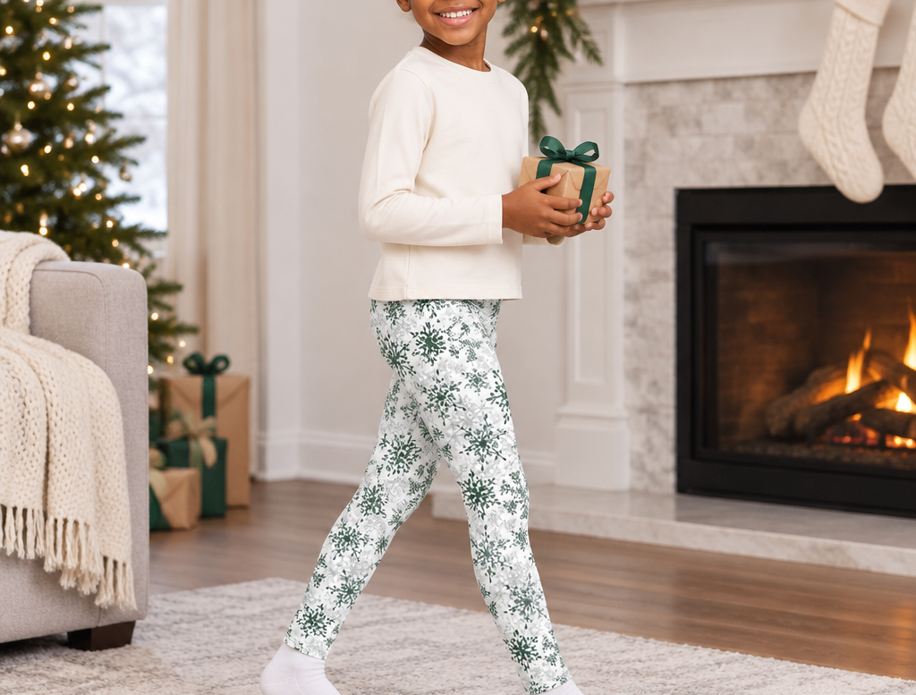 Child wearing Green Snowflake kids leggings while carrying a wrapped gift