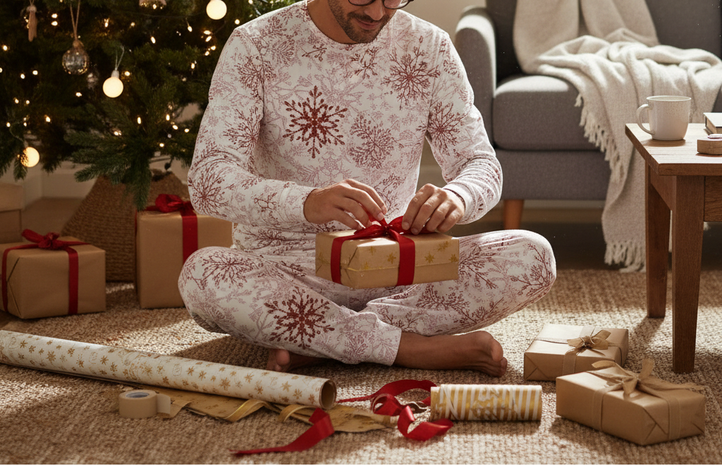 East Asian man in pocket-free red snowflake pajamas wrapping a Christmas gift