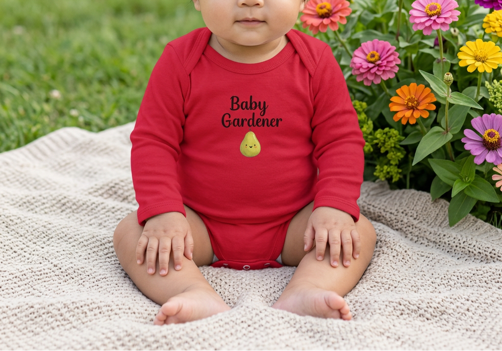 A baby sitting outdoors on a cream knit blanket, wearing a red long-sleeve bodysuit with 'Baby Gardener' and a pear graphic on the chest. Colorful flowers and green grass are in the background.