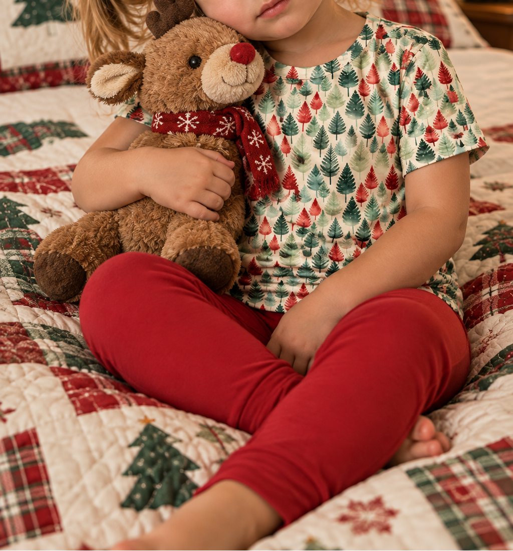 Toddler in Leafy Dreams pajama top holding a stuffed reindeer in bed