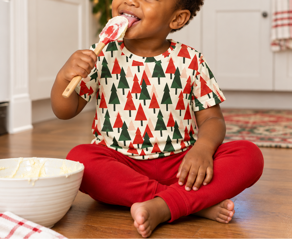 Toddler in Christmas Tree kids pajama top licking a frosting spoon