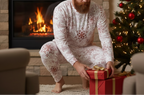 Red-haired man in pocket-free red snowflake pajamas placing a gift under the Christmas tree