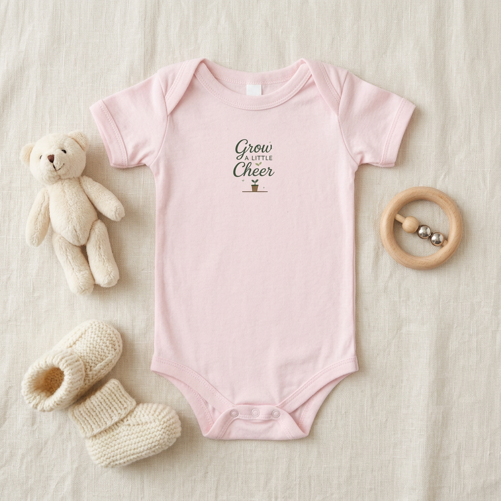 Pink Grow a Little Cheer baby onesie accessory flat lay