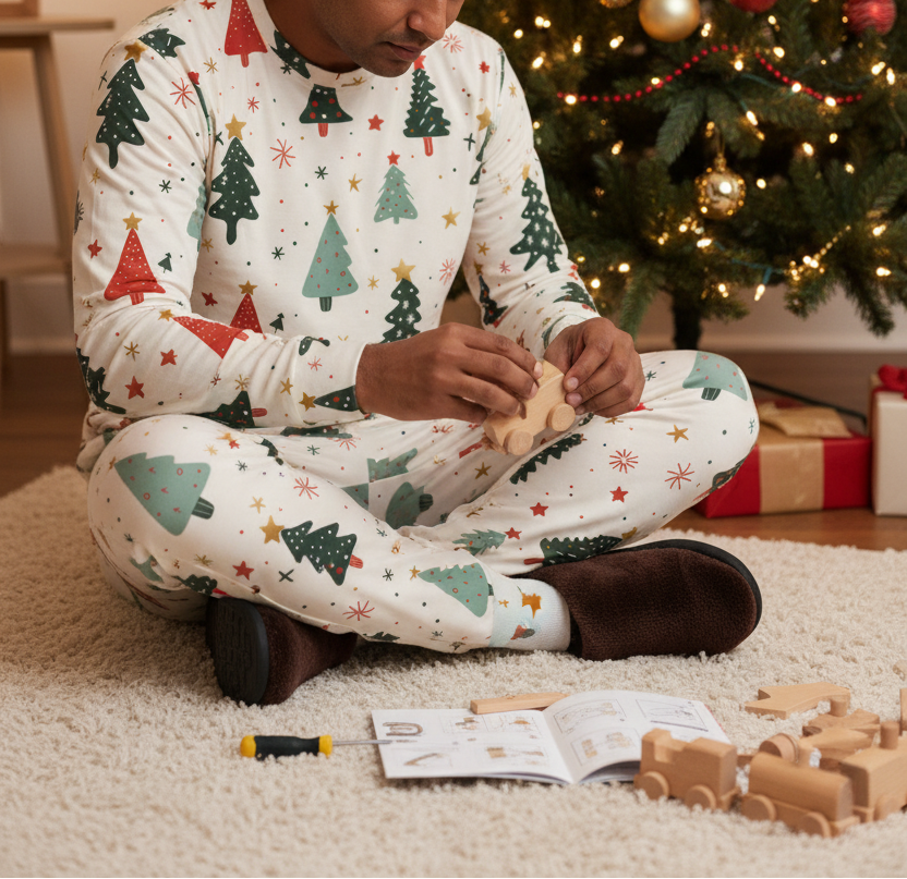 South Asian man wearing Blue Christmas all-over print pajamas while assembling a wooden toy beside the Christmas tree