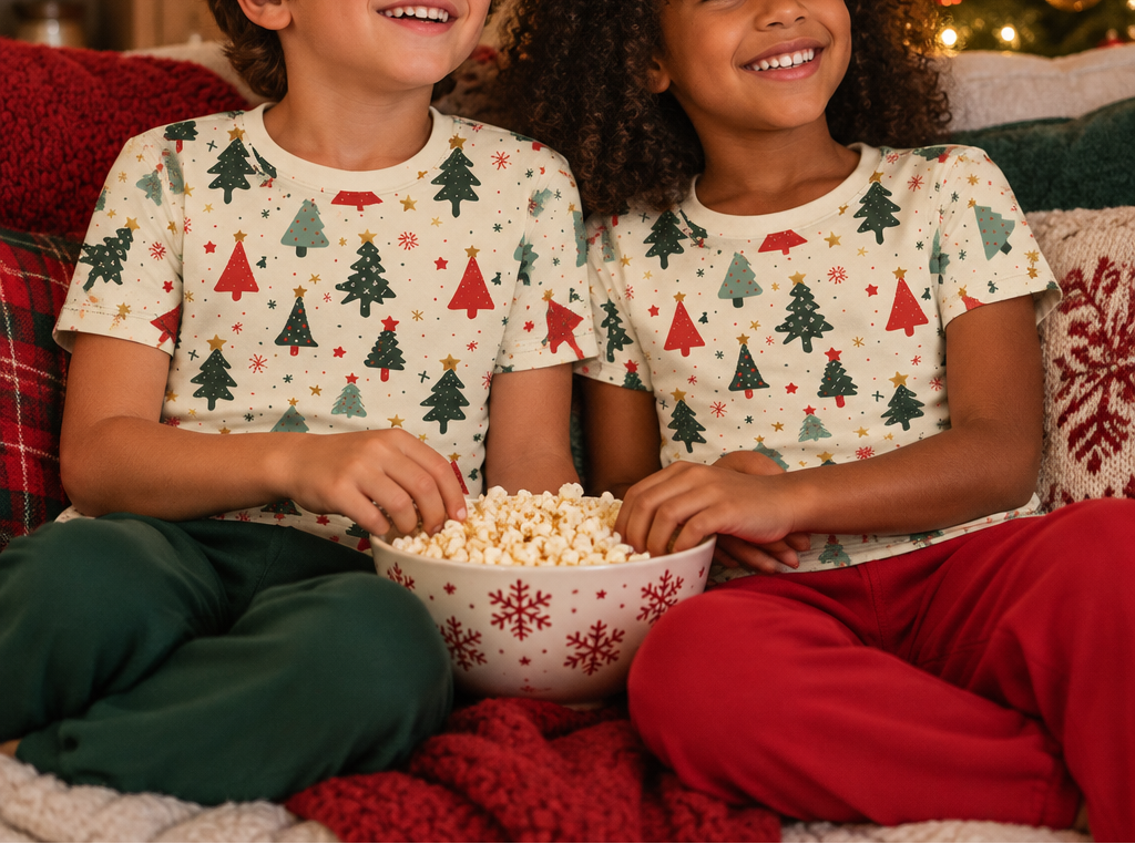 Two children wearing matching Christmas tree pajama tops during a holiday movie night