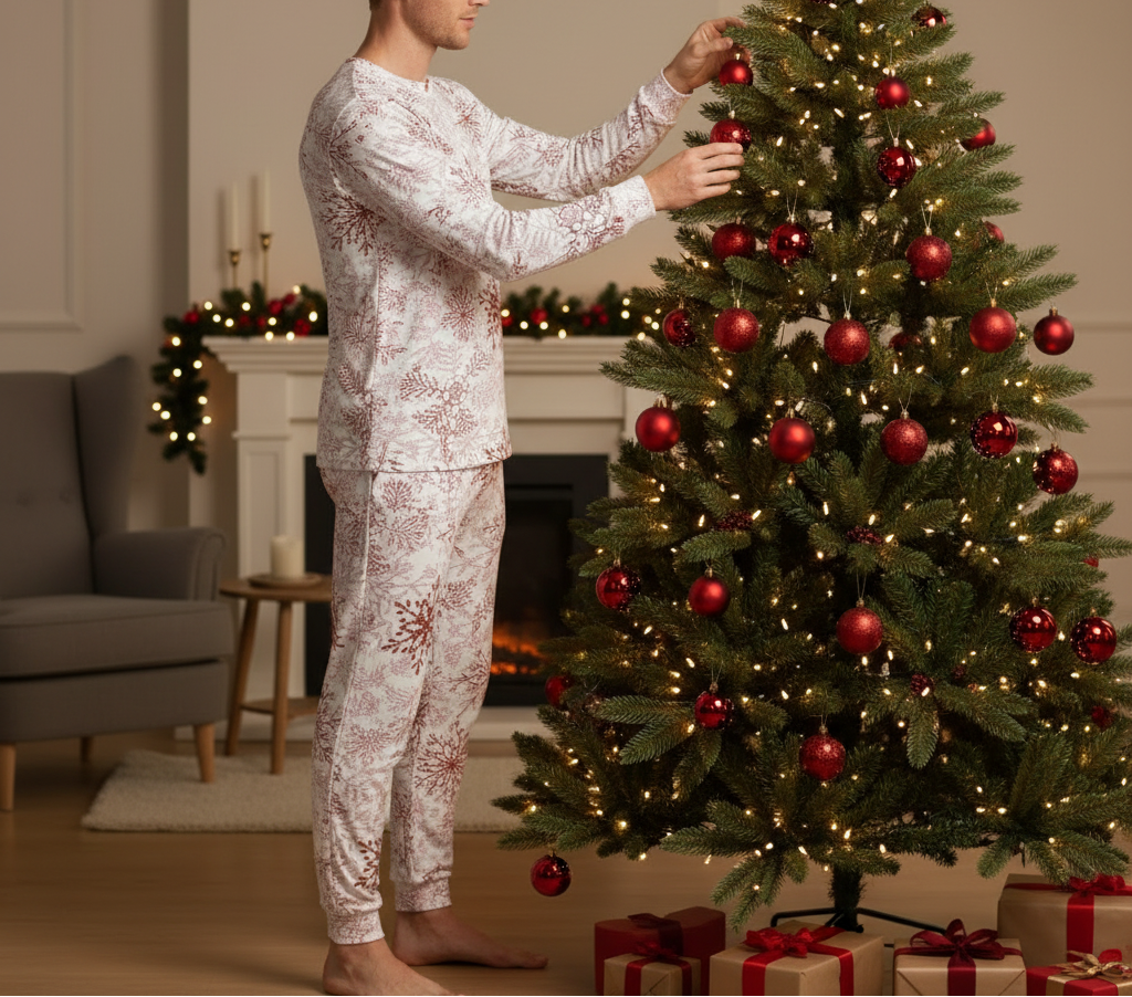 Blond man in pocket-free red snowflake pajamas decorating a full-size Christmas tree