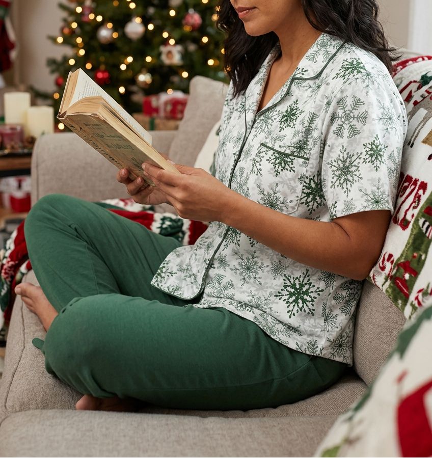 Green Snowflake short sleeve pajama top while reading