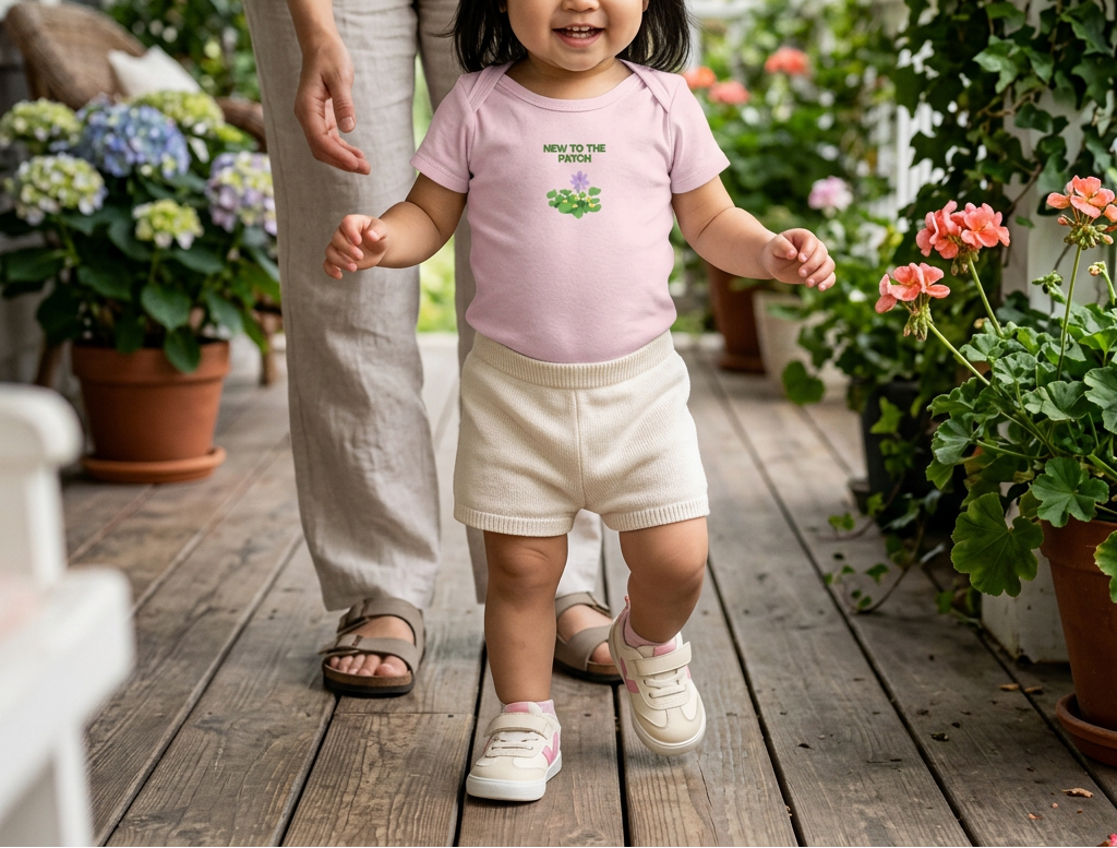 Toddler wearing pink New to the Patch flower onesie on a porch.