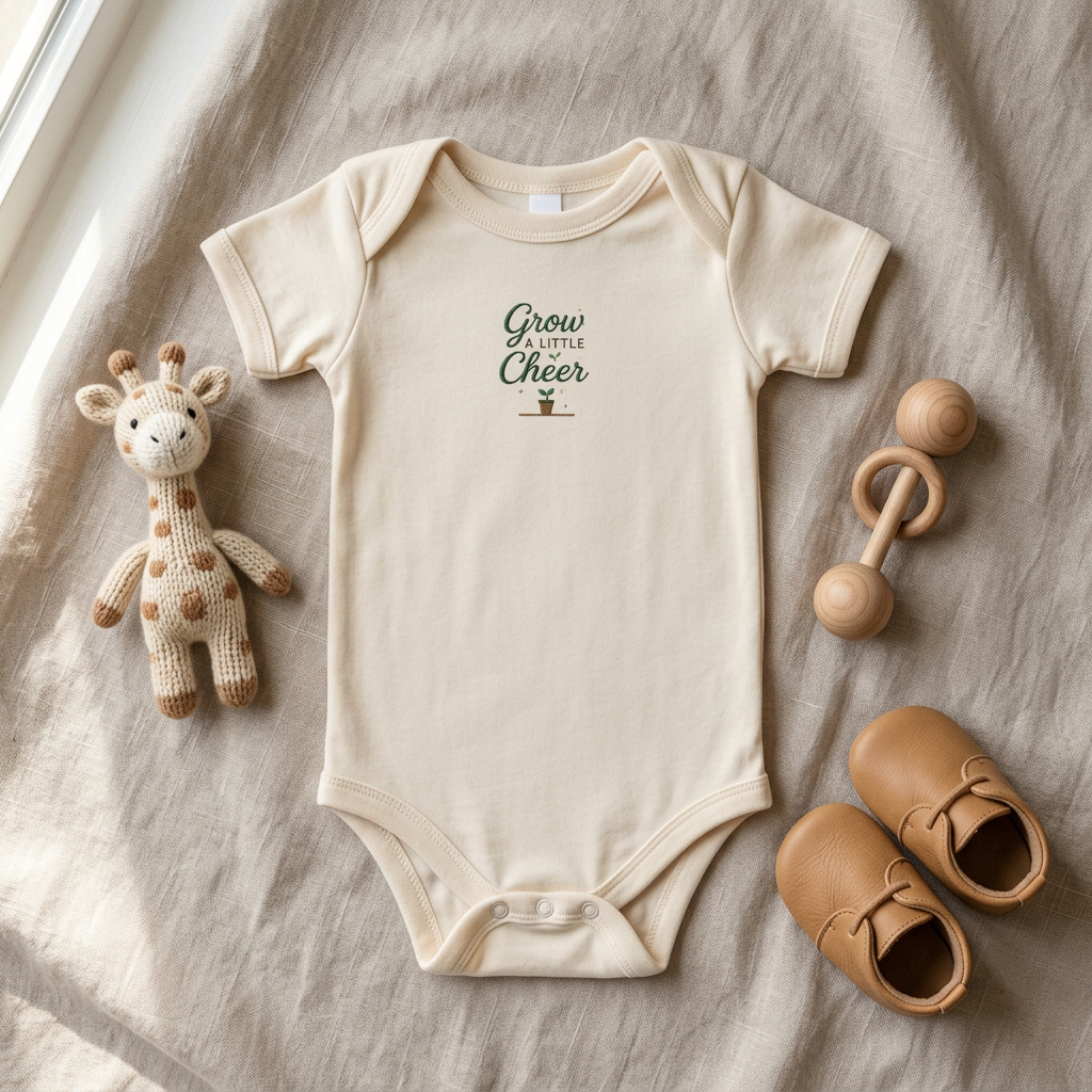 Natural Grow a Little Cheer baby onesie accessory flat lay