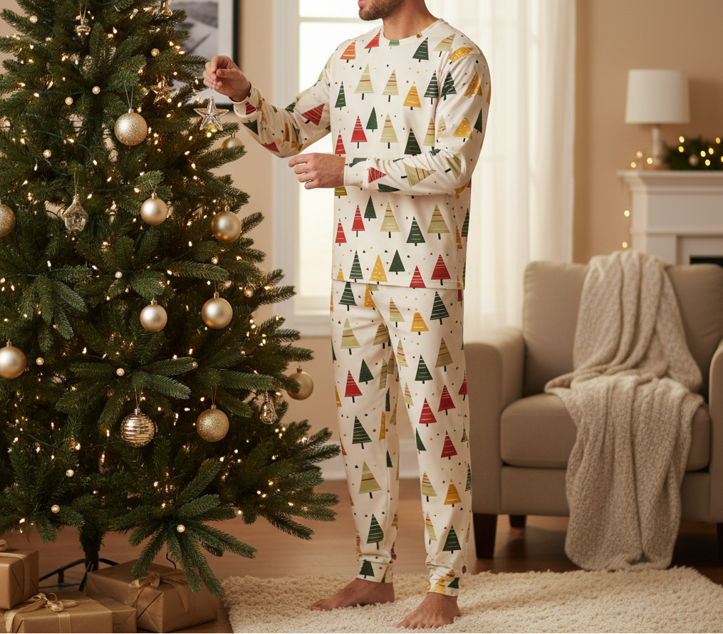 Man wearing Spring Christmas tree-print men’s pajamas with matching fitted cuffs while decorating a Christmas tree