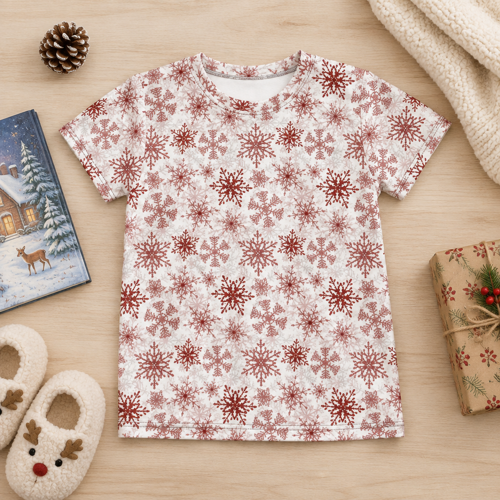 Red Snowflake kids pajama top flat lay with slippers, winter storybook and gift