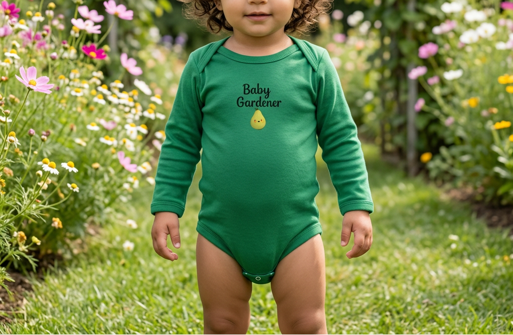 A toddler stands in a flower garden wearing a bright green long-sleeve bodysuit with 'Baby Gardener' and a small pear graphic on the chest.