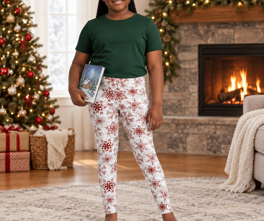 Child wearing Red Snowflake kid pajama leggings with a storybook by a fireplace