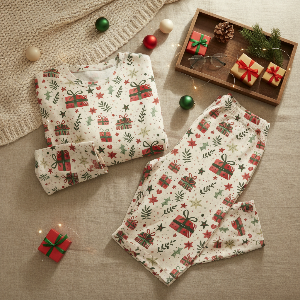 Christmas Present men’s pajama top and pocket-free pants with warm lights, ornaments, gifts, and cocoa