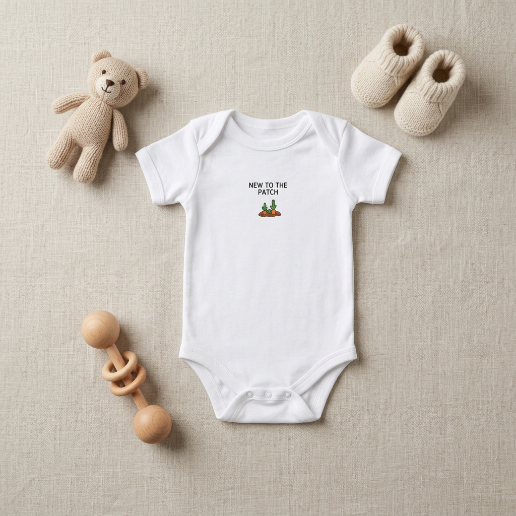 White Lil Carrot New to the Patch short-sleeve onesie styled with baby accessories