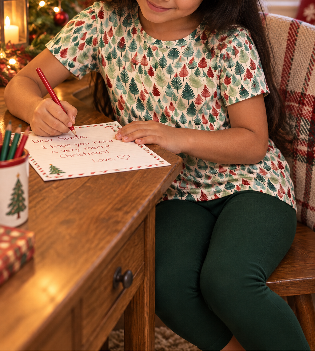 Girl in Leafy Dreams pajama top writing a letter to Santa