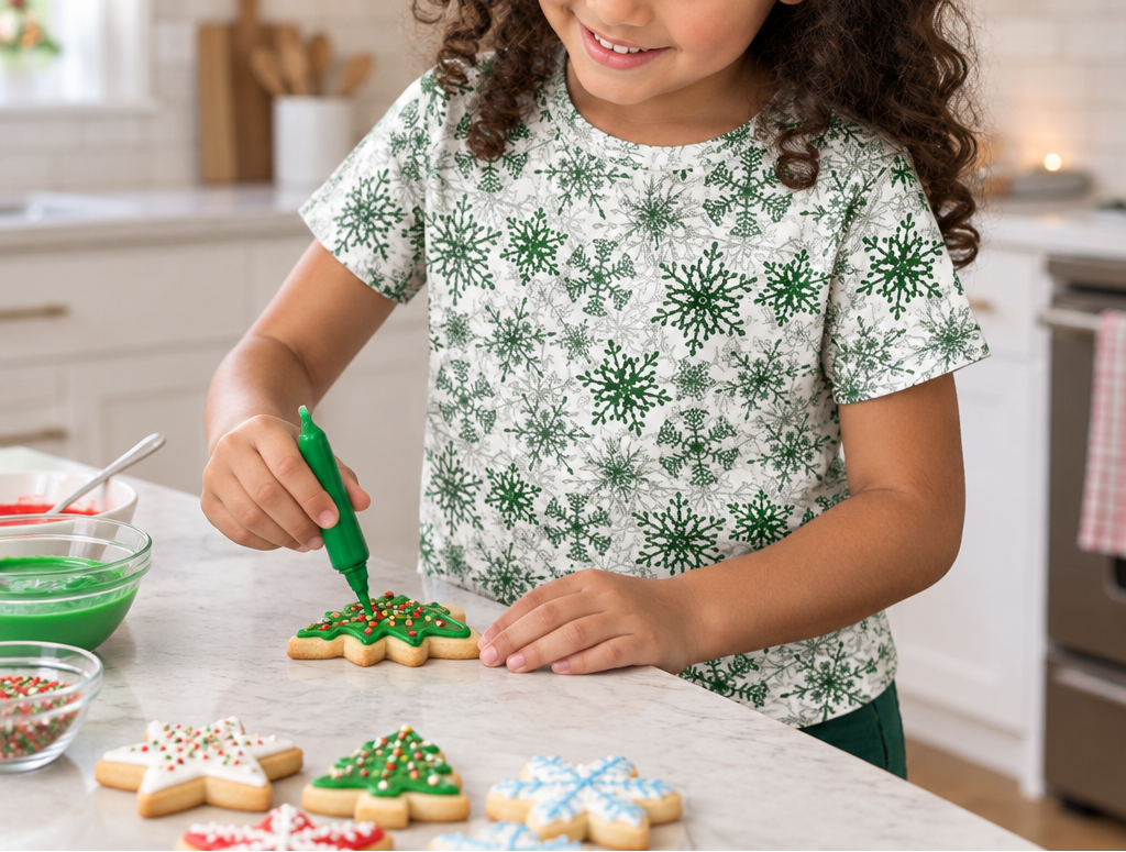 Child wearing green snowflake kids pajama top while decorating holiday cookies
