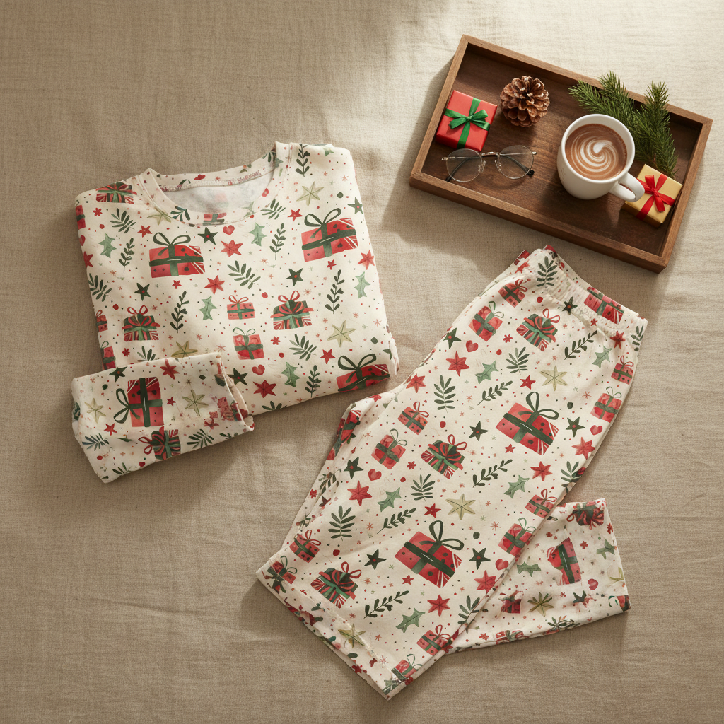 Folded Christmas Present men’s pajama top and pocket-free pants with cocoa and holiday gifts
