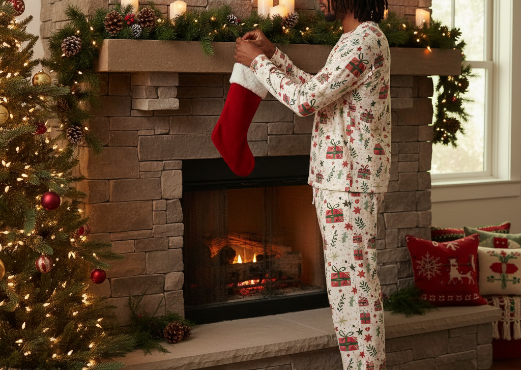 Man with locs wearing Christmas Present pajamas while hanging a stocking by the fireplace