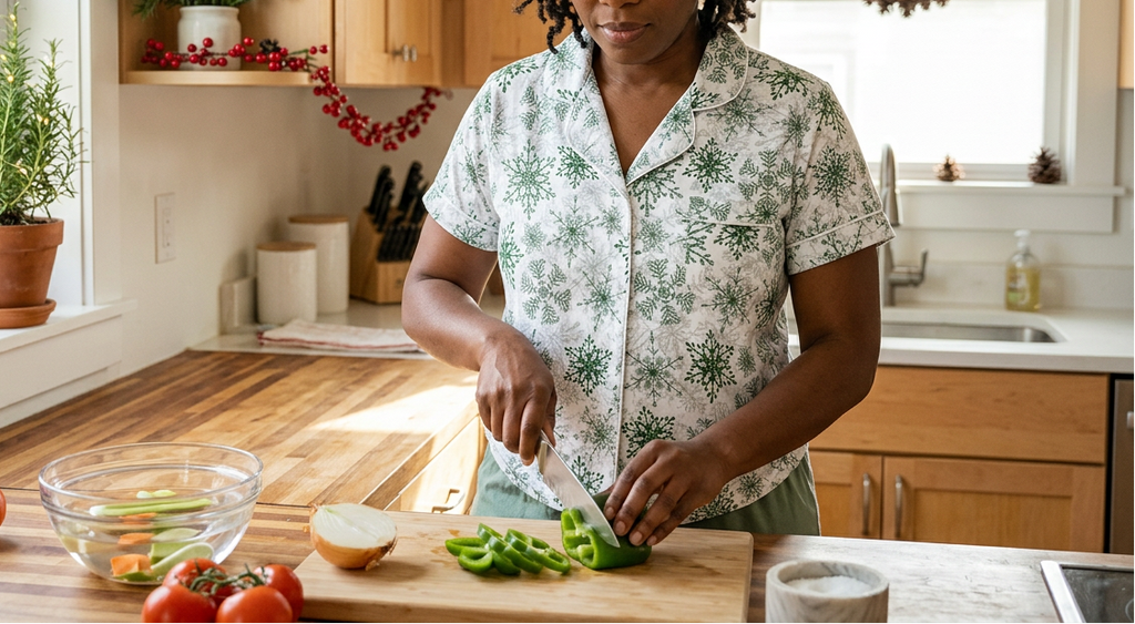 Green Snowflake short sleeve pajama top while chopping vegetables