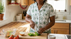 Green Snowflake short sleeve pajama top while chopping vegetables