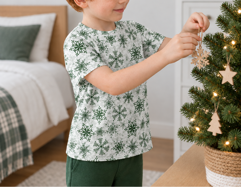Child wearing green snowflake kids pajama top while placing a wooden snowflake ornament