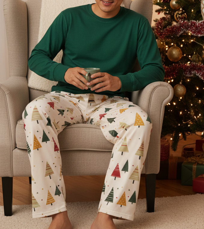 East Asian man wearing Spring Christmas Tree pajama pants with a solid forest green shirt in a holiday bedroom