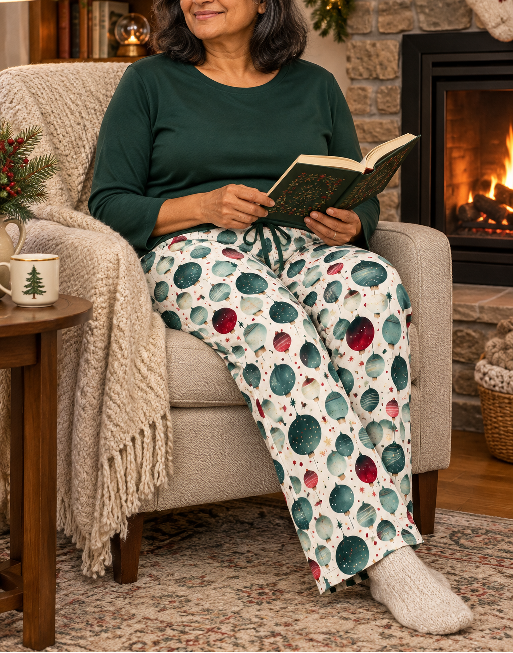 Woman in forest green pajama top and ornament print pants reading by a fireplace
