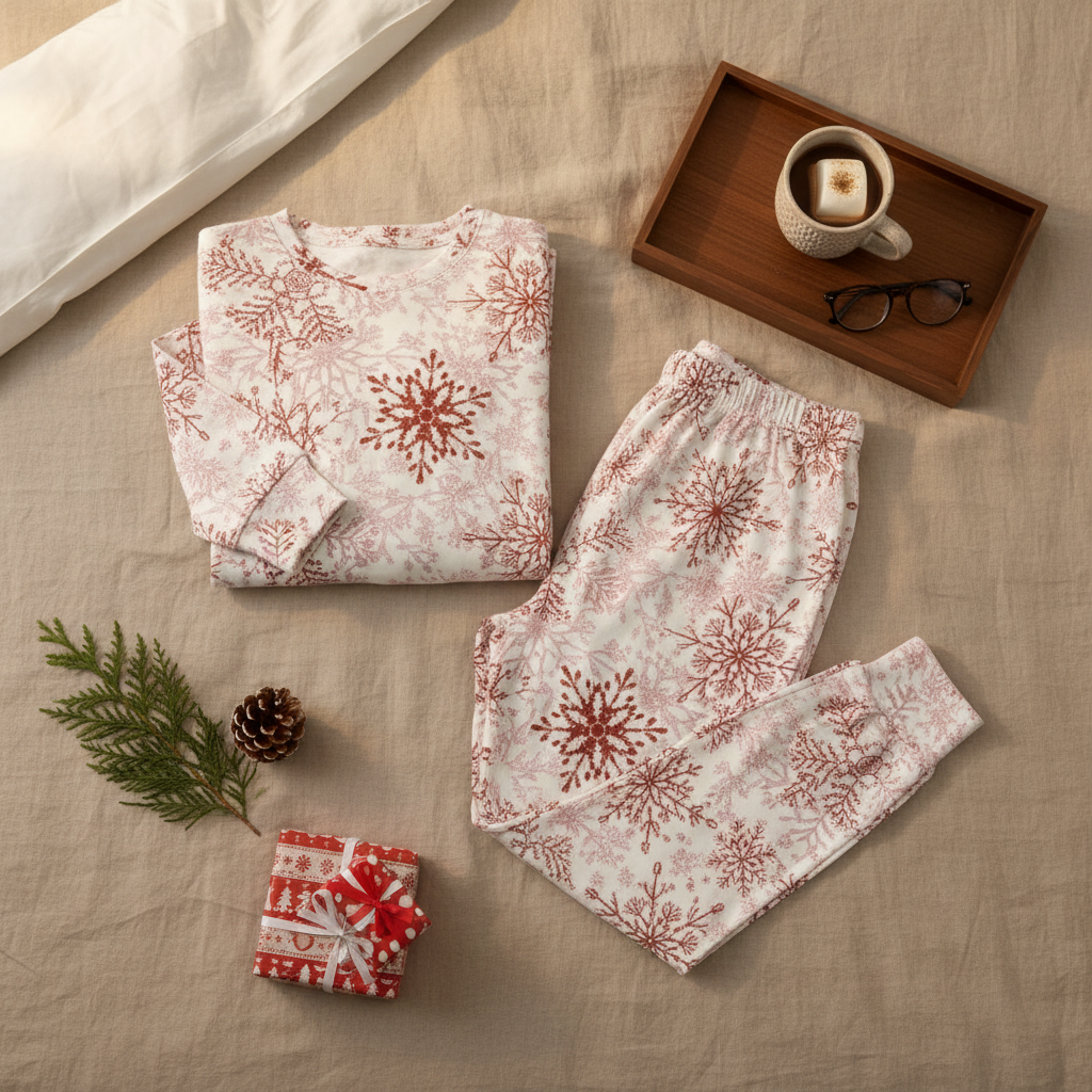 Folded red snowflake men’s pajama top and pocket-free pants with subtle Christmas accessories