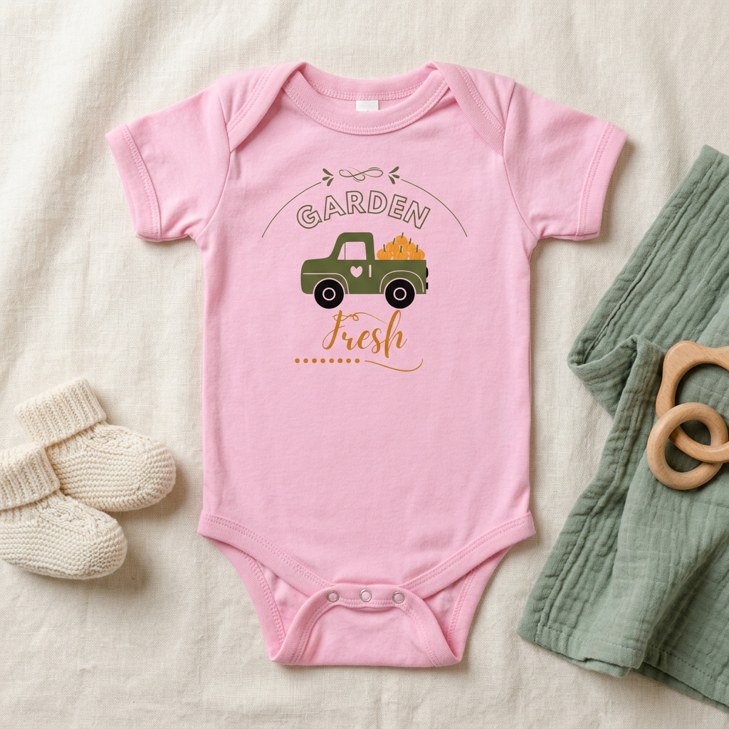 Pink Garden Fresh baby onesie styled with sage blanket, cream knitted booties and wooden teethers.