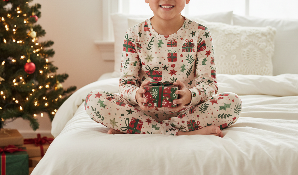 East Asian child wearing Christmas present leggings with a matching printed top in a holiday bedroom
