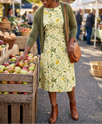 Yellow floral midi dress styled with an olive cardigan at an apple market
