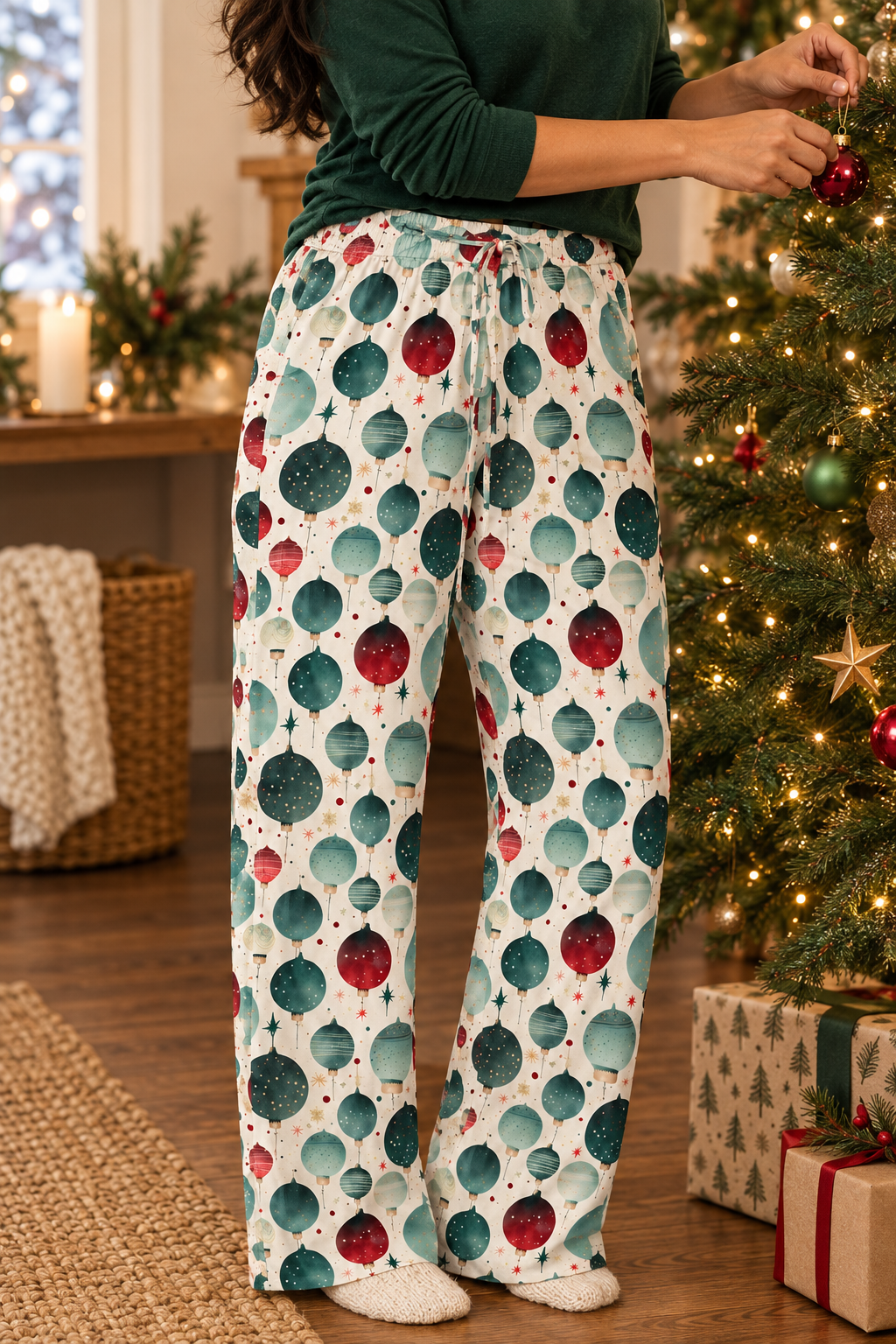 Holiday pajama pants close-up while hanging an ornament on a Christmas tree, cozy socks visible