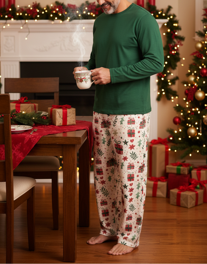 Middle Eastern man wearing Christmas Present men’s pajama pants with a solid forest green shirt while pouring hot cocoa
