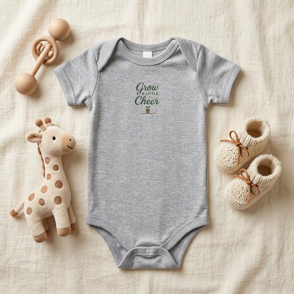 Athletic Heather Grow a Little Cheer baby onesie accessory flat lay