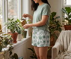 Green Snowflake women's pajama shorts worn while watering plants