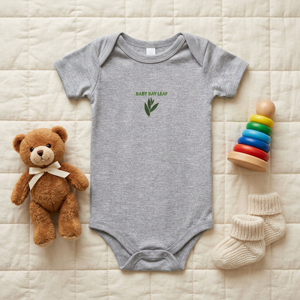 Gray Baby Bay Leaf onesie styled as a flat lay with baby accessories.
