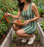 Harvesting tomatoes in Green Striped dress