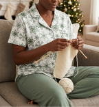 Green Snowflake short sleeve pajama top while knitting