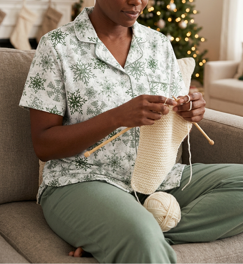 Green Snowflake short sleeve pajama top while knitting