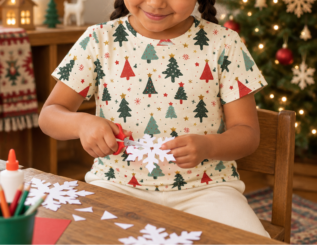 Child wearing a Christmas tree pajama top while making paper snowflakes