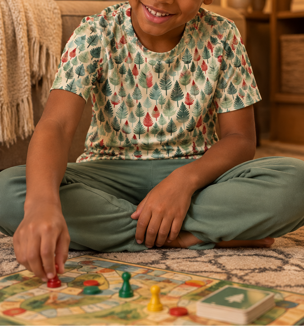 Boy in Leafy Dreams pajama top playing a board game